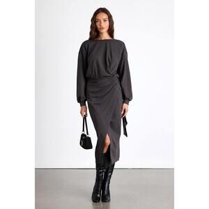 Lulus Eunia Charcoal Grey Jersey Knit Long Sleeve Wrap Midi Dress - Size S